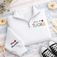 Pre-K Teacher Embroidered Quarter Zip Sweatshirt, Custom Name Pullover, Preschool Teacher Gift, Classroom Layer, Back to School Gift