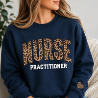 Personalized Nurse Practitioner Sweatshirt, Custom Leopard Print NP Crewneck, Name Pullover, Nurses Week Gift, Gift for NP, Front Sleeve