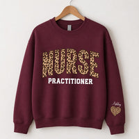 Personalized Nurse Practitioner Sweatshirt, Custom Leopard Print NP Crewneck, Name Pullover, Nurses Week Gift, Gift for NP, Front Sleeve