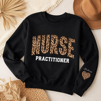 Personalized Nurse Practitioner Sweatshirt, Custom Leopard Print NP Crewneck, Name Pullover, Nurses Week Gift, Gift for NP, Front Sleeve