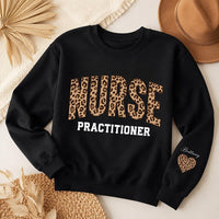 Personalized Nurse Practitioner Sweatshirt, Custom Leopard Print NP Crewneck, Name Pullover, Nurses Week Gift, Gift for NP, Front Sleeve