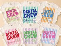 Personalized Dental Crew Shirt, Custom Dentist Office Squad Tee, Retro Striped Tooth Graphic Top, Dental Assistant Gift, Hygienist Gift