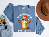 Overstimulated But Festive Raccoon Shirt, Funny Christmas Sweatshirt, Funny Quote Graphic Tee, Introvert Holiday Outfit, Christmas Gift