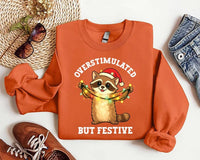 Overstimulated But Festive Raccoon Shirt, Funny Christmas Sweatshirt, Funny Quote Graphic Tee, Introvert Holiday Outfit, Christmas Gift