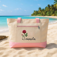 Personalized Birth Month Flower Embroidered Zipper Tote Bag, Custom Name Canvas Tote, Rose Floral Bag, Birthday Gift for Her, Gift for Mom