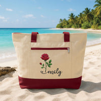 Personalized Birth Month Flower Embroidered Zipper Tote Bag, Custom Name Canvas Tote, Rose Floral Bag, Birthday Gift for Her, Gift for Mom
