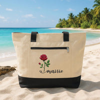 Personalized Birth Month Flower Embroidered Zipper Tote Bag, Custom Name Canvas Tote, Rose Floral Bag, Birthday Gift for Her, Gift for Mom