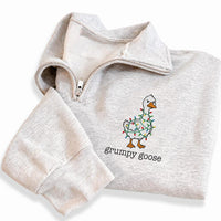 Personalized Goose Embroidered Quarter Zip Sweatshirt, Custom Holiday Pullover, Festive Embroidered Top, Winter Outfit, Christmas Gift