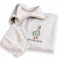 Personalized Goose Embroidered Quarter Zip Sweatshirt, Custom Holiday Pullover, Festive Embroidered Top, Winter Outfit, Christmas Gift