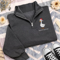 Personalized Goose Embroidered Quarter Zip Sweatshirt, Custom Holiday Pullover, Festive Embroidered Top, Winter Outfit, Christmas Gift