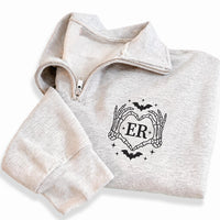 Skeleton Heart Embroidered Quarter Zip Sweatshirt, Custom Initials Pullover, Gothic Monogram Top, Halloween Party Layer, Halloween Gift