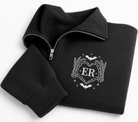 Skeleton Heart Embroidered Quarter Zip Sweatshirt, Custom Initials Pullover, Gothic Monogram Top, Halloween Party Layer, Halloween Gift