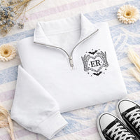 Skeleton Heart Embroidered Quarter Zip Sweatshirt, Custom Initials Pullover, Gothic Monogram Top, Halloween Party Layer, Halloween Gift