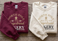 North Pole Gingerbread Bakery Embroidered Sweatshirt, Holiday Hoodie, Festive Shirt, Vintage Winter Crewneck, Christmas Gift for Her
