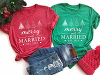 Personalized Merry and Married Couple Shirt, Custom Est Year Holiday Tee, Matching Newlywed Outfit, His and Hers Shirts, Newlywed Gift