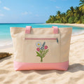 Personalized Birth Flower Embroidered Zipper Tote Bag, Custom Name Floral Canvas Tote, Botanical Everyday Bag, Birthday Gift for Mom