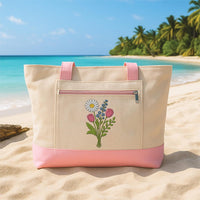 Personalized Birth Flower Embroidered Zipper Tote Bag, Custom Name Floral Canvas Tote, Botanical Everyday Bag, Birthday Gift for Mom