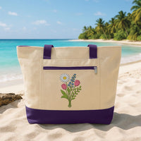 Personalized Birth Flower Embroidered Zipper Tote Bag, Custom Name Floral Canvas Tote, Botanical Everyday Bag, Birthday Gift for Mom