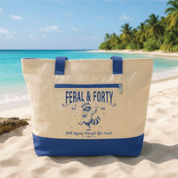 Personalized 40th Birthday Tote Bag with Zipper, Custom Birth Year Canvas Bag, Funny Feral Raccoon Vacation Essentials Tote, Gift for Her