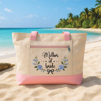 Personalized Mother of the Bride Tote Bag with Zipper, Blue Floral Canvas Bag, Wedding Keepsake Design, Bridal Vacation Tote, Wedding Gift