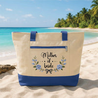Personalized Mother of the Bride Tote Bag with Zipper, Blue Floral Canvas Bag, Wedding Keepsake Design, Bridal Vacation Tote, Wedding Gift