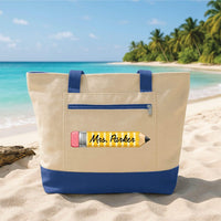 Personalized Teacher Tote Bag with Zipper, Custom Name Canvas Tote, Pencil Design, Classroom Supplies Bag, Teacher Appreciation Gift