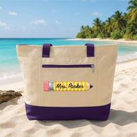 Personalized Teacher Tote Bag with Zipper, Custom Name Canvas Tote, Pencil Design, Classroom Supplies Bag, Teacher Appreciation Gift