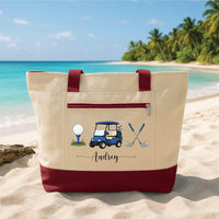 Personalized Golf Tote Bag with Zipper, Custom Name Canvas Bag, Cart and Crossed Clubs Design, Golf Essentials Tote, Gift for Golfer