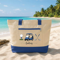 Personalized Golf Tote Bag with Zipper, Custom Name Canvas Bag, Cart and Crossed Clubs Design, Golf Essentials Tote, Gift for Golfer