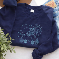 Whale Shark Embroidered Sweatshirt, Ocean Lover Hoodie, Marine Life Long Sleeve Shirt, Cozy Hobby Crewneck, Hobby Gift for Ocean Lovers
