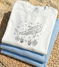 Whale Shark Embroidered Sweatshirt, Ocean Lover Hoodie, Marine Life Long Sleeve Shirt, Cozy Hobby Crewneck, Hobby Gift for Ocean Lovers