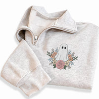 Floral Ghost Embroidered Quarter Zip Sweatshirt, Vintage Botanical Ghost Pullover, Festive Embroidered Top for Fall, Halloween Gift