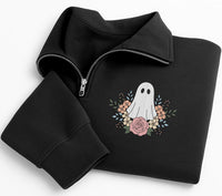 Floral Ghost Embroidered Quarter Zip Sweatshirt, Vintage Botanical Ghost Pullover, Festive Embroidered Top for Fall, Halloween Gift