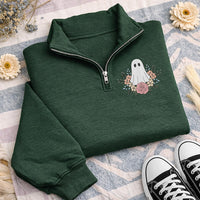 Floral Ghost Embroidered Quarter Zip Sweatshirt, Vintage Botanical Ghost Pullover, Festive Embroidered Top for Fall, Halloween Gift