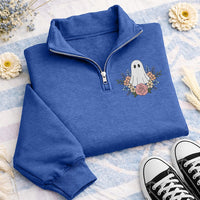Floral Ghost Embroidered Quarter Zip Sweatshirt, Vintage Botanical Ghost Pullover, Festive Embroidered Top for Fall, Halloween Gift