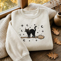 Black Cat Embroidered Sweatshirt, Witchy Halloween Hoodie, Celestial Moon and Stars Shirt, Cute Cat Hoodie, Fall Gift for Spooky Season
