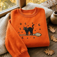 Black Cat Embroidered Sweatshirt, Witchy Halloween Hoodie, Celestial Moon and Stars Shirt, Cute Cat Hoodie, Fall Gift for Spooky Season