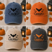 embroidered hat baseball cap halloween bats bat embroidery custom name personalized gift trick or treat spooky season kids halloween cotton twill low profile fall party gift orange black