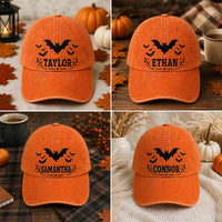 embroidered hat baseball cap halloween bats bat embroidery custom name personalized gift trick or treat spooky season kids halloween cotton twill low profile fall party gift orange black
