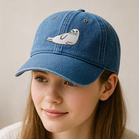 Cute White Seal Embroidered Hat, Marine Animal Lover Baseball Cap, Bio Washed Cotton Cap, Coastal Wildlife Lover Gift, Gift for Her