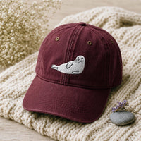Cute White Seal Embroidered Hat, Marine Animal Lover Baseball Cap, Bio Washed Cotton Cap, Coastal Wildlife Lover Gift, Gift for Her