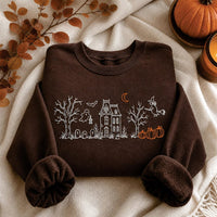 Haunted House Embroidered Sweatshirt, Spooky Halloween Witch Hoodie, Ghost Pumpkin Graveyard Shirt, Holiday Sweatshirt, Cozy Fall Gift
