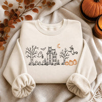 Haunted House Embroidered Sweatshirt, Spooky Halloween Witch Hoodie, Ghost Pumpkin Graveyard Shirt, Holiday Sweatshirt, Cozy Fall Gift