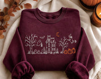 Haunted House Embroidered Sweatshirt, Spooky Halloween Witch Hoodie, Ghost Pumpkin Graveyard Shirt, Holiday Sweatshirt, Cozy Fall Gift