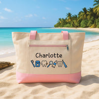 Personalized Dental Hygienist Tote Bag with Zipper, Custom Name Canvas Bag, Tooth Icon Design, Medical Work Tote, Medical Worker Gift