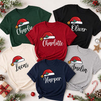 Personalized Santa Hat Script Name Shirts, Custom Name Matching Tees, Family Christmas Tee, Holiday Party Outfit, Family Christmas Gift