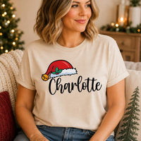 Personalized Santa Hat Script Name Shirts, Custom Name Matching Tees, Family Christmas Tee, Holiday Party Outfit, Family Christmas Gift