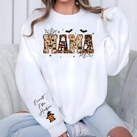 Personalized Halloween Mama Sweatshirt, Custom Kids Name Crewneck, Spooky Mama Shirt, Fall Mom Outfit, Halloween Gift, Front Sleeve Print