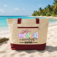 Personalized Medical Assistant Tote Bag with Zipper, Custom Name Canvas Tote, Colorful Bow Design, Hospital Shift Bag, Medical Worker Gift