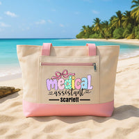Personalized Medical Assistant Tote Bag with Zipper, Custom Name Canvas Tote, Colorful Bow Design, Hospital Shift Bag, Medical Worker Gift